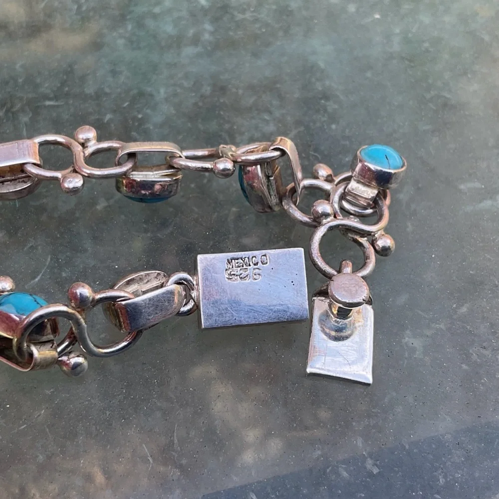 Gorgeous Mexican 925 Sterling Silver Turquoise Oval Link Chain Bracelet 7.5in - Picture 5 of 9